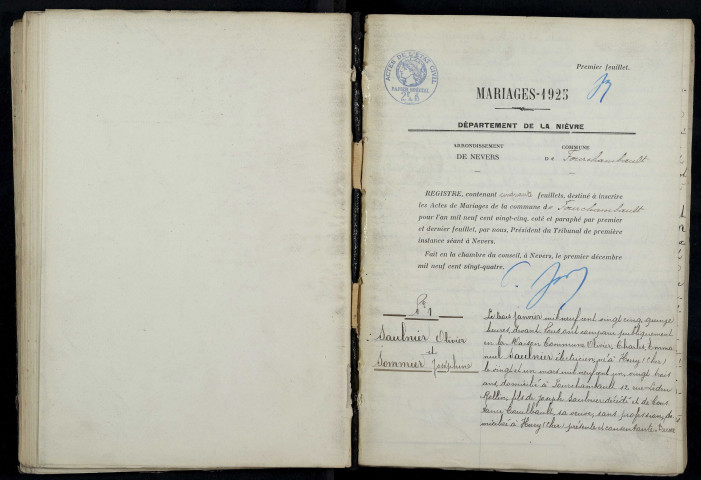 Fourchambault : actes d'état civil (mariages).