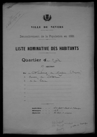 Nevers, Quartier de Nièvre, 15e section : recensement de 1931
