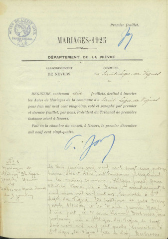 Saint-Léger-des-Vignes : actes d'état civil (mariages).