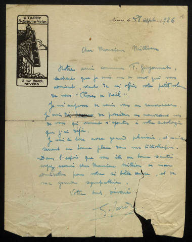 TARDY (Georges), musicien à Nevers (né en 1885) : 1 lettre.