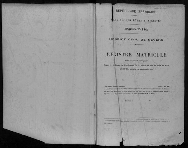 Enfants abandonnés, admission de 1885 à 1890 : registre matricule des n° 552 à 852.