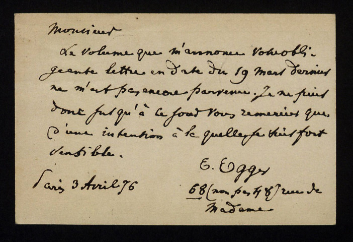 EGGER (Émile), professeur helléniste (1813-1885) : 2 lettres.