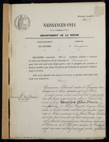 Ouroüer : actes d'état civil.