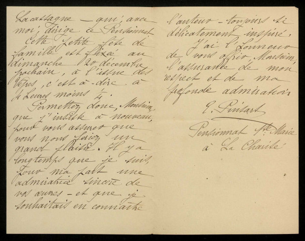 PINSART (E.), directrice du pensionnat Sainte-Marie à La Charité-sur-Loire (Nièvre) : 1 lettre.