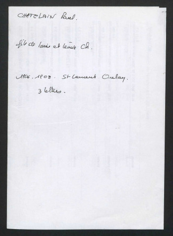 CHATELAIN-BERTRON (Louis), filleul d'Achille Millien, enfant assisté de la Seine placé à Beaumont-la-Ferrière, domestique puis employé aux Postes, Léonie et Paul, sa femme et son fils, à Devay et à Saint-Laurent (Nièvre) : 56 lettres.