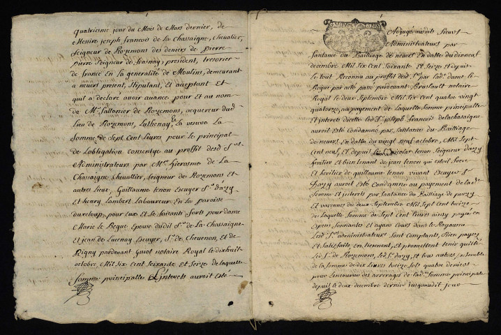 Biens et droits. - Obligation Le Bègue, amortissement par La Chassaigne, de Lucenay, Tenon et consorts envers l'Hôtel-Dieu Saint-Didier de Nevers subrogé Sallonnier : copie d'une reconnaissance du 14 mai 1715.