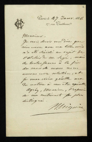 CHIGNIE (H.) , gendre du peintre Alexandre Ségé (1819-1885) : 2 lettres.