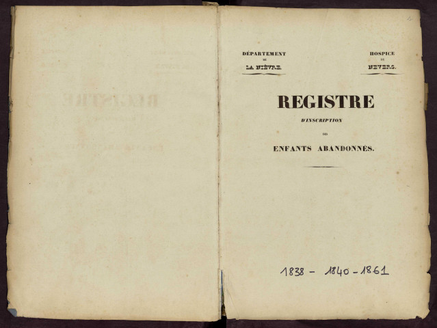 Enfants abandonnés, admission de 1840 à 1861 : registre d'inscription.
