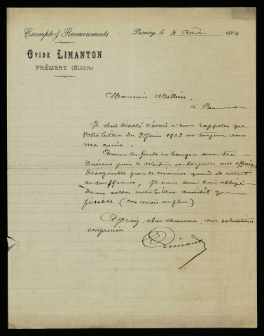 LIMANTON (Ovide), prêteur à Prémery (Nièvre) : 3 lettres.