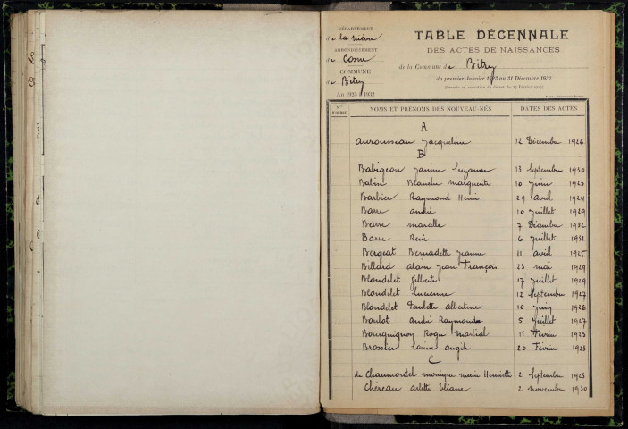 Bitry : table décennale.