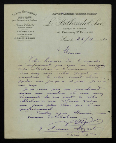 BILLAUDOT (L.), fabricant d'instruments de musique à Paris : 6 lettres.