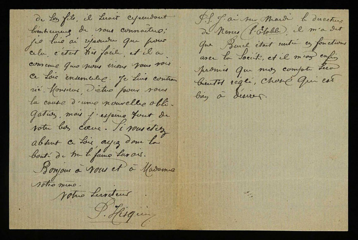 HISQUIN (Paul), fermier à Villaine, commune de Dompierre-sur-Nièvre, et Grenant, commune de Beaumont-la-Ferrière : 64 lettres.