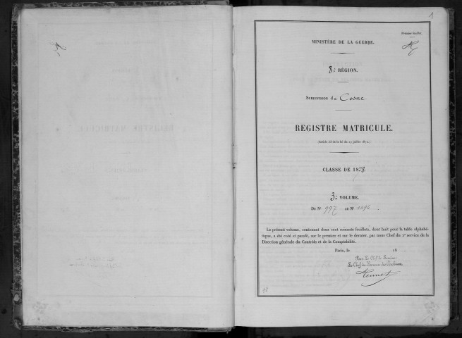 Bureau de Cosne, classe 1878 : répertoire des fiches matricules n° 997 à 1496