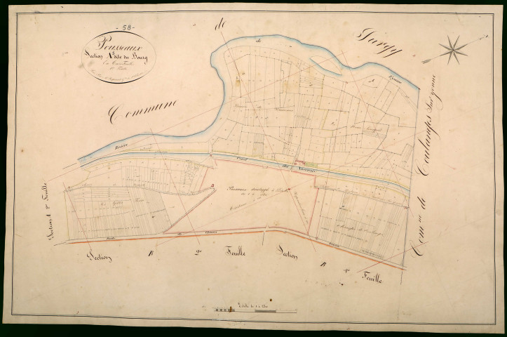 Pousseaux, cadastre ancien : plan parcellaire de la section A dite du Bourg, feuille 1