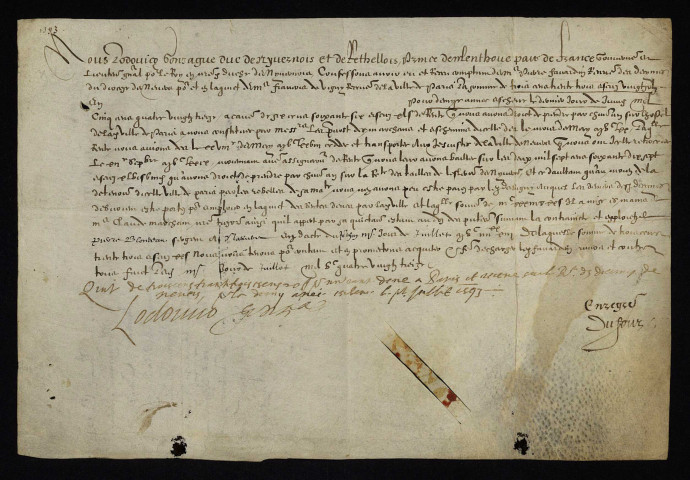 Emprunt du Trésor. - Rente sur la ville de Paris, rétrocession par le duc de Nevers aux jésuites : décharge pour Favardin receveur (3 juillet 1593), note analytique (XXe siècle).
