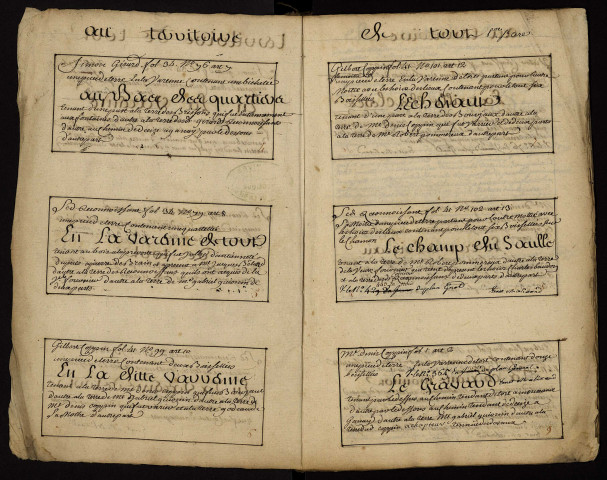 Tenures personnelles à Decize et ses environs : copie du terrier figuratif de 1612 avec tables nominatives, tables des lieux et dessin parcellaire.
