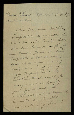 JANICOT (J.), médecin à Pougues-les-Eaux (Nièvre) : 51 lettres, 1 télégramme.