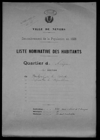 Nevers, Quartier de Nièvre, 10e section : recensement de 1926