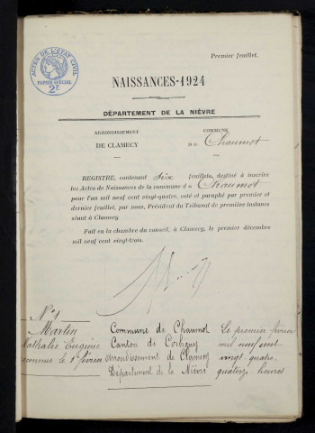 Chaumot : actes d'état civil.