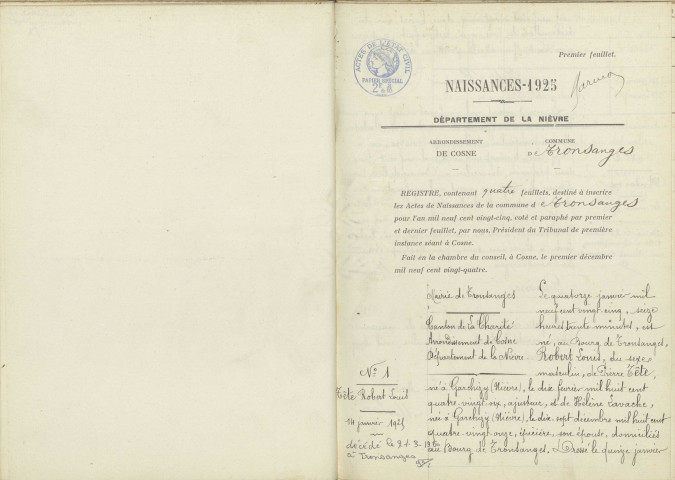 Tronsanges : actes d'état civil.
