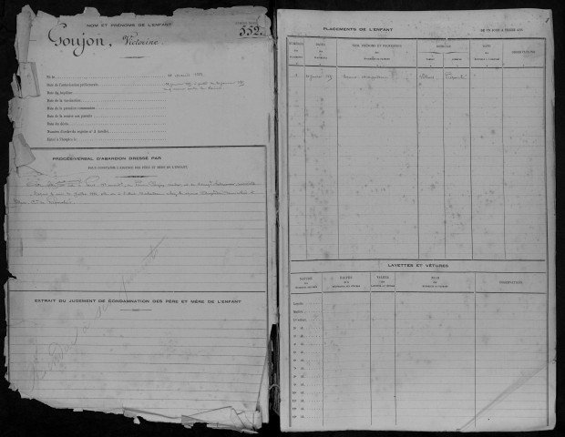 Enfants abandonnés, admission de 1885 à 1890 : registre matricule des n° 552 à 852.