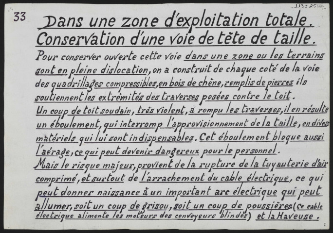 Voie de tête, taille chassante + coupage du mur, traverse horizontale, voie de tête éboulée.