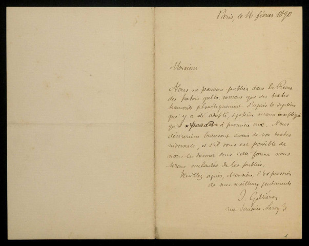GILLIÉRON (Jules), linguiste (1854-1926) : 1 lettre.