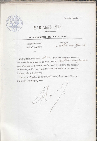 Villiers-sur-Yonne : actes d'état civil.