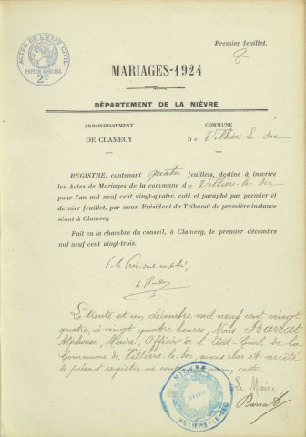 Villiers-le-Sec : actes d'état civil.