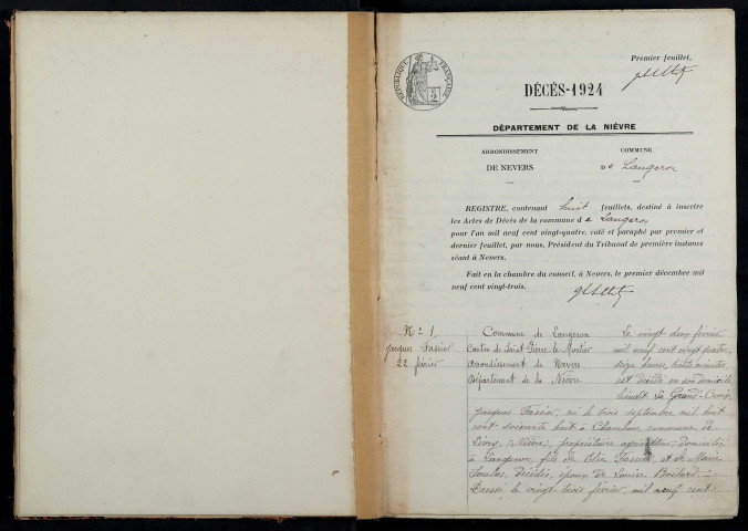 Langeron : actes d'état civil.