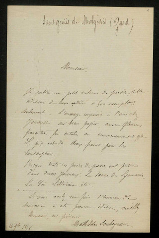 SOUBEYRAN (Mathilde), poétesse à Saint-Geniès-de-Comolas (Gard) : 1 lettre.