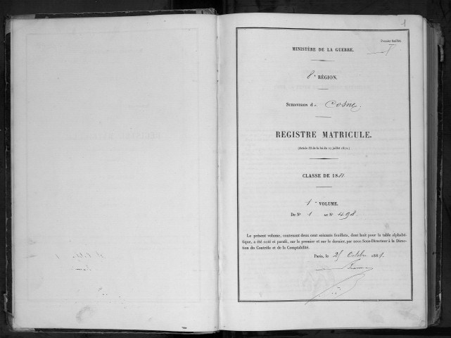 Bureau de Cosne, classe 1881 : répertoire des fiches matricules n° 1 à 498