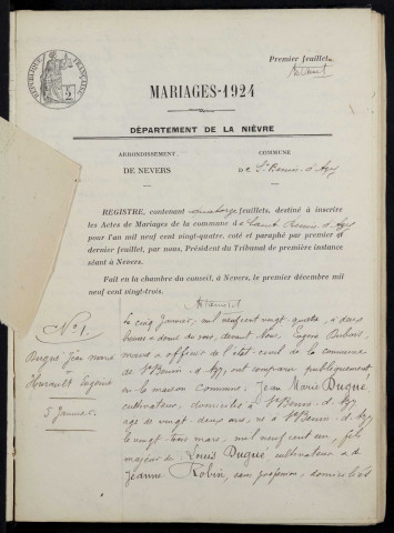 Saint-Benin-d'Azy : actes d'état civil (mariages).