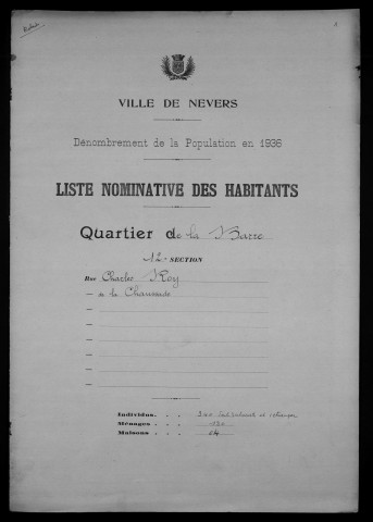 Nevers, Quartier de la Barre, 12e section : recensement de 1936