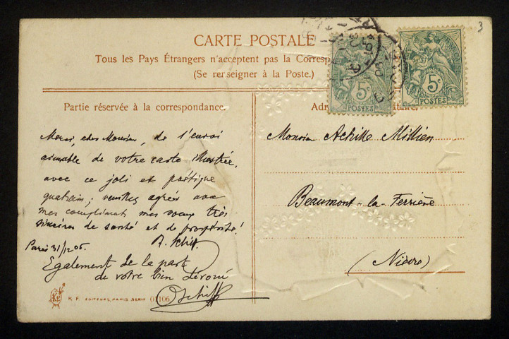 SCHIFF (R.), à Paris : 1 lettre, 1 carte postale illustrée.