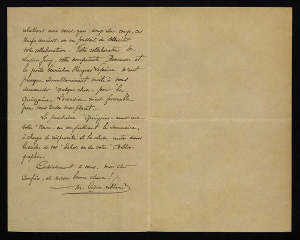 CRÉPIN-LEBLOND (Marcellin), directeur de La Quizaine Bourbonnaise, à Moulins (1867-1927) : 2 lettres.