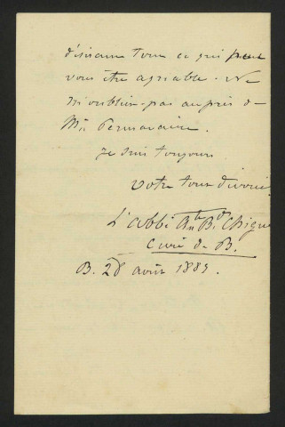 CHIGNÉ (Bernard), curé de Beaumont-la-Ferrière (décédé en 1888) : 4 lettres.