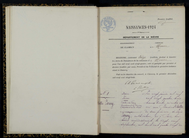 Menou : actes d'état civil.