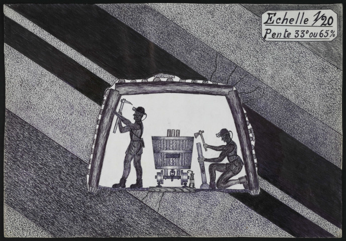 Coupe transversale, coupe d'une costière, pose d'une garniture, bennes en bois.