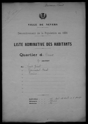 Nevers, Quartier du Croux, 27e section : recensement de 1931