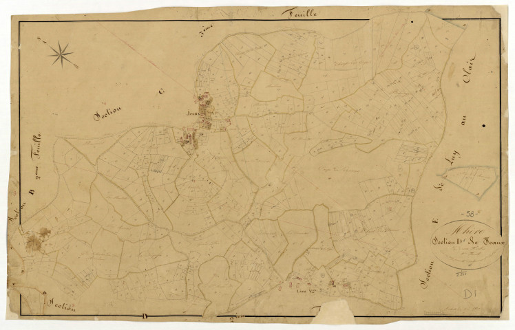 Mhère, cadastre ancien : plan parcellaire de la section D dite de Jeaux, feuille 1