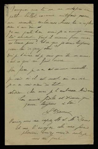 DORENT (Louise), enfant assistée de la Seine, placée à Beaumont-la-Ferrière, à Auxerre et à Paris : 45 lettres.