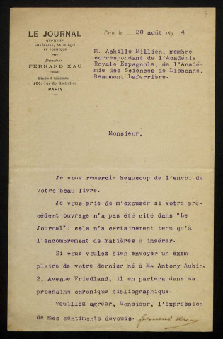 XAU (Fernand), publiciste (1852-1899) : 3 lettres.