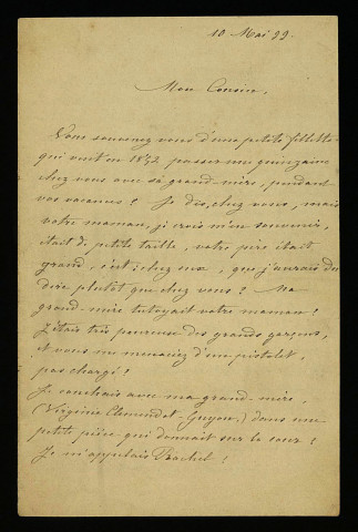 RHODON (Rachel), cousine d'Achille Millien, à Dun-sur-Auron (Cher) : 1 lettre.