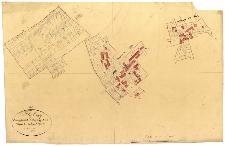 Flez-Cuzy, cadastre ancien : plan parcellaire de la section B dite de Cuzy, feuilles 1 et 2, développement