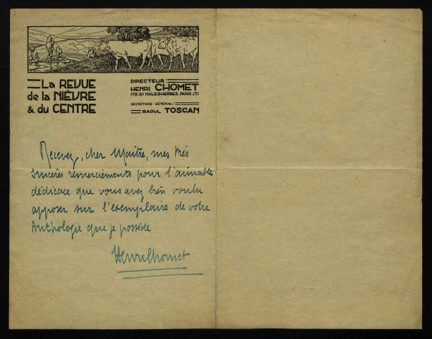 CHOMET (Henri), directeur de la Revue du Centre (1889-1940) : 3 lettres.