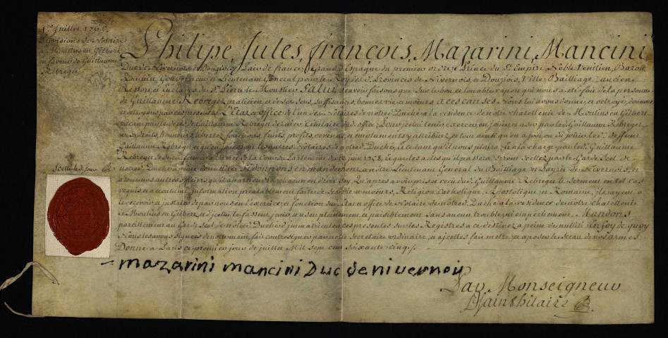 Charges et offices. - Notaire ducal à la résidence de Moulins-Engilbert, présentation et nomination : lettres de provision signées du duc de Nivernois Philippe Jules François Mazarini Mancini.