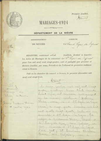 Saint-Léger-des-Vignes : actes d'état civil (mariages).