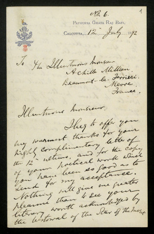 SOURINDRO MOHUN TAGORE, à Calcutta (Inde) : 2 lettres.