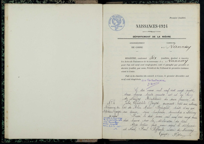 Nannay : actes d'état civil.